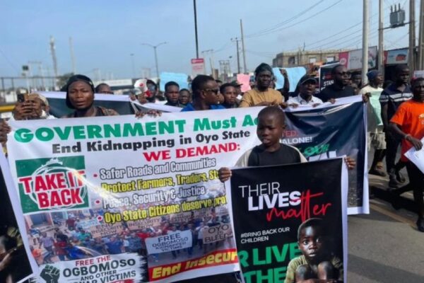 OYO PROTESTERS MARCH TO GOVERNMENT HOUSE OVER MASS SCHOOL ABDUCTIONS.