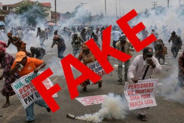 LAGOS POLICE DEBUNK TEAR GAS CLAIM AT PENSIONERS’ PROTEST, SAY VIRAL PHOTO IS AI-GENERATED.