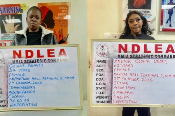 NDLEA ARRESTS SOUTH AFRICAN WOMAN WITH COCAINE, US-BASED GRANDMA WITH CANNABIS.
